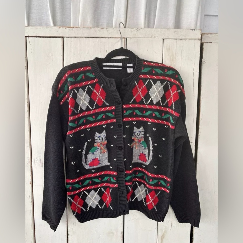 Karen Scott Black Sweater with Red, Green and Gray Argyle and Cat Motif